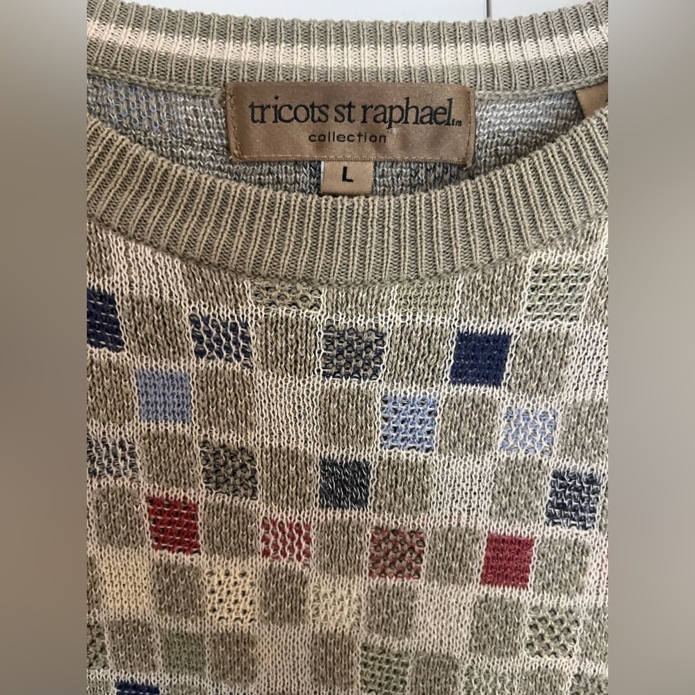 Men's Beige and Green Checkered Crewneck Sweater - Vintage - Picture 4 of 4